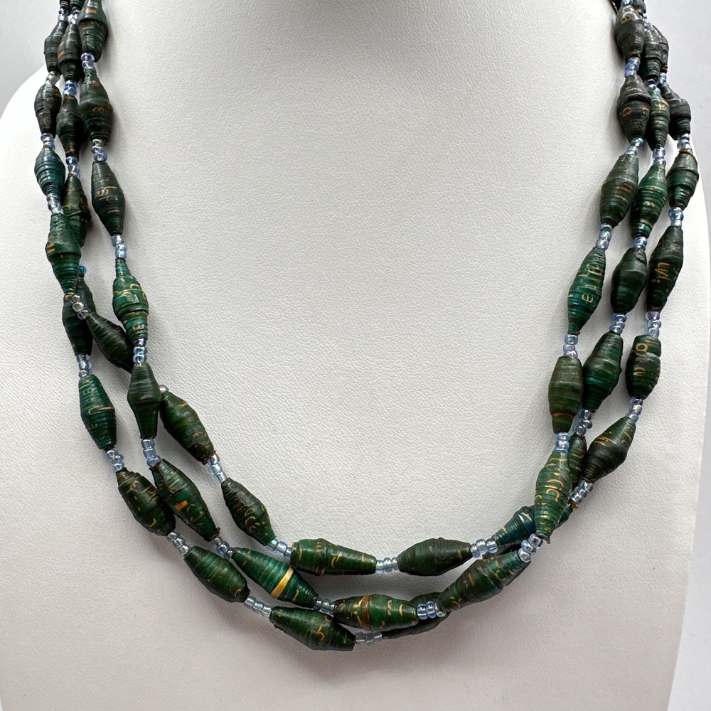 Vintage 90s Boho Multi-Strand Paper Bead Necklace Green Blue Statement Jewelry